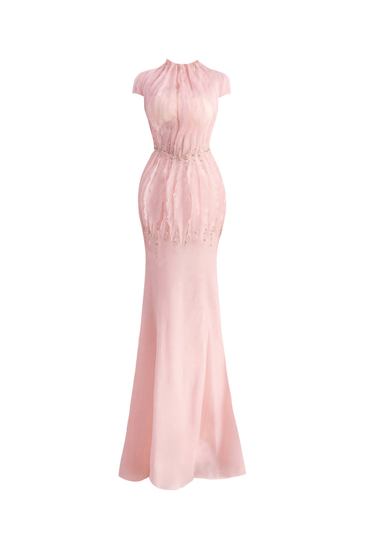 Rhodes Mermaid Cap Sleeved Silk Organza Floor Length Dress