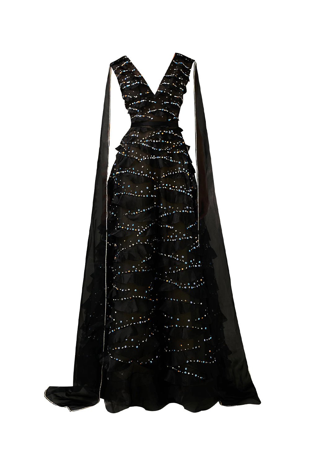 Women's Cecelia Cape V-Neck Organza Floor Length Dress XS/S/M/L/XL/Customize Black – Happy Clothing