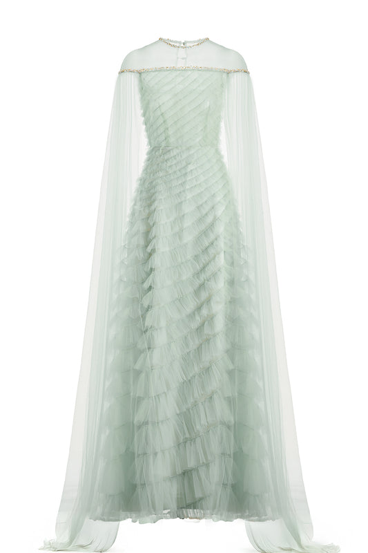 Blakely Ball Gown Cape Sleeved Organza Maxi Dress