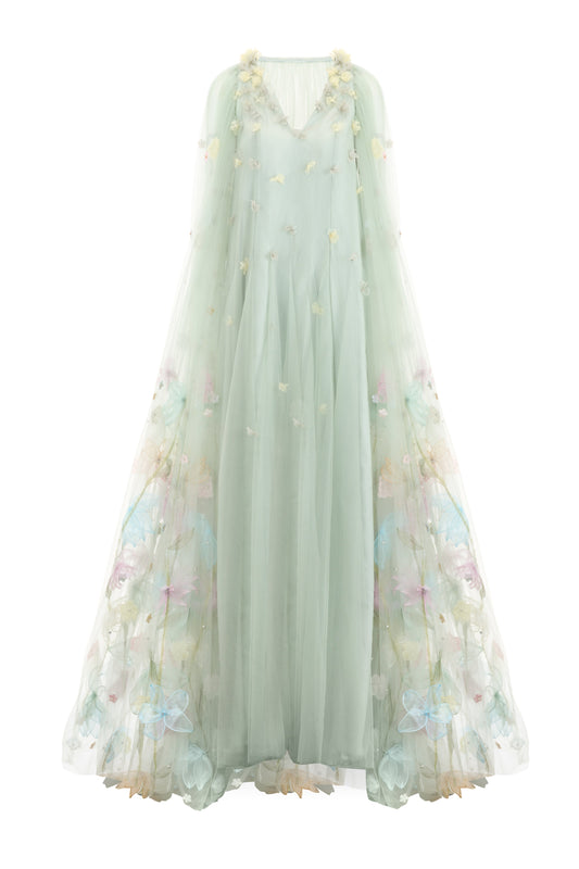 Kaia Trapezoid Cape Sleeved Polyester Maxi Dress