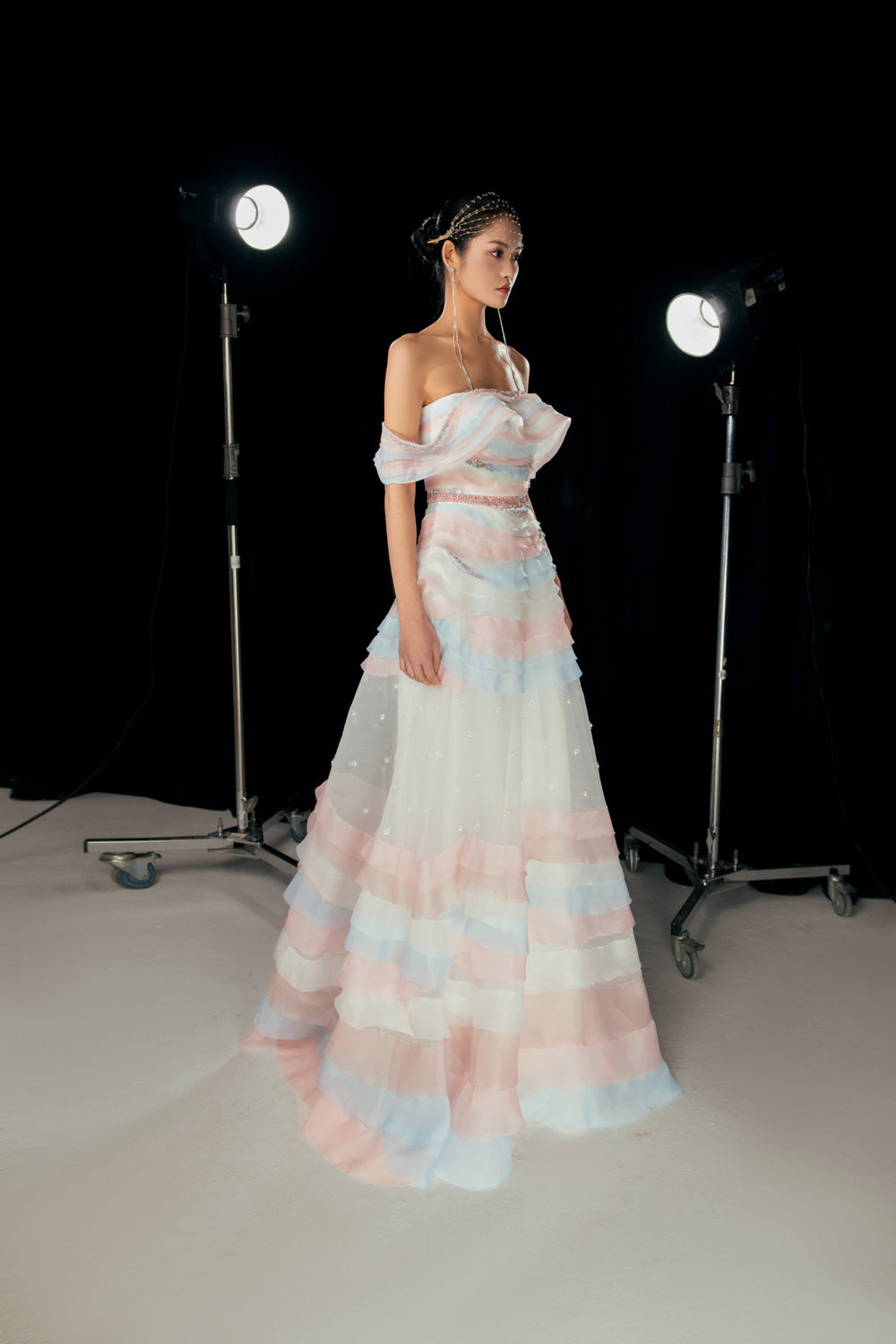 Dallasy Fit and Flare Off-Shoulder Organza Floor Length Dress