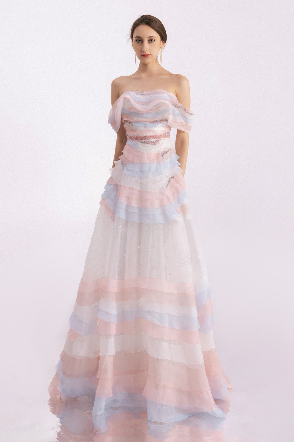 Dallasy Fit and Flare Off-Shoulder Organza Floor Length Dress