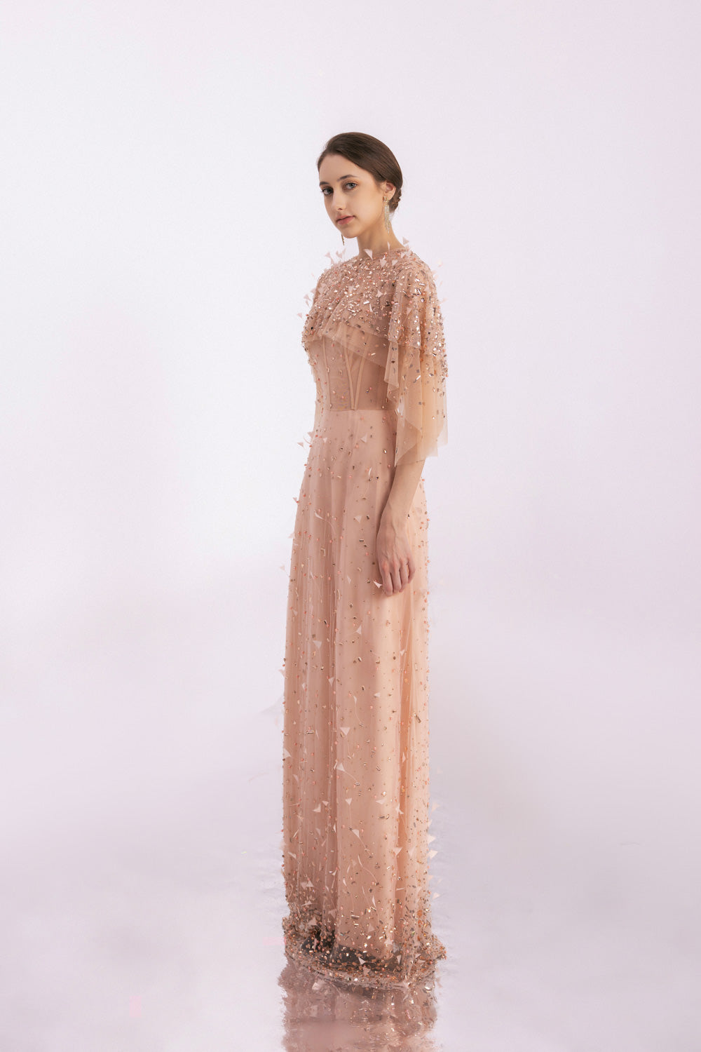 Hayes A-line Cape Sleeved Mesh Silk Floor Length Set