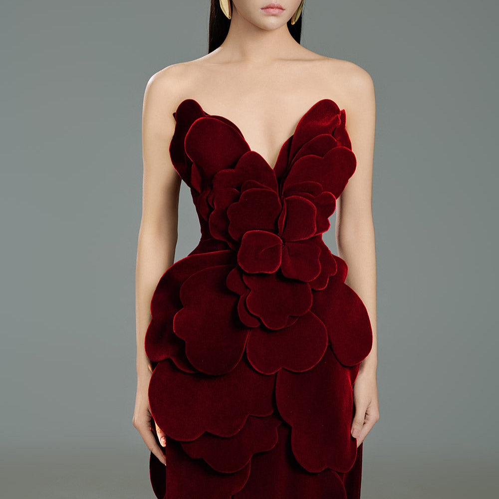 Velour Pegged Flower Applique Polyester Midi Dress