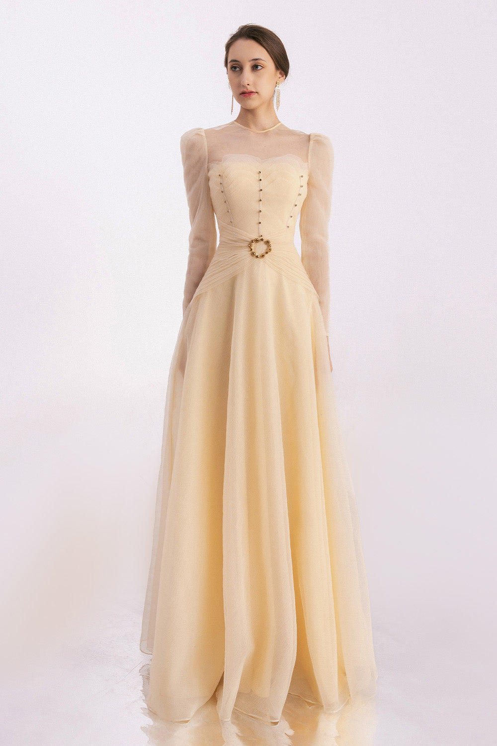 Women's Judith A-line Draped Mesh Silk Floor Length Dress XS/S/M/L/XL Beige