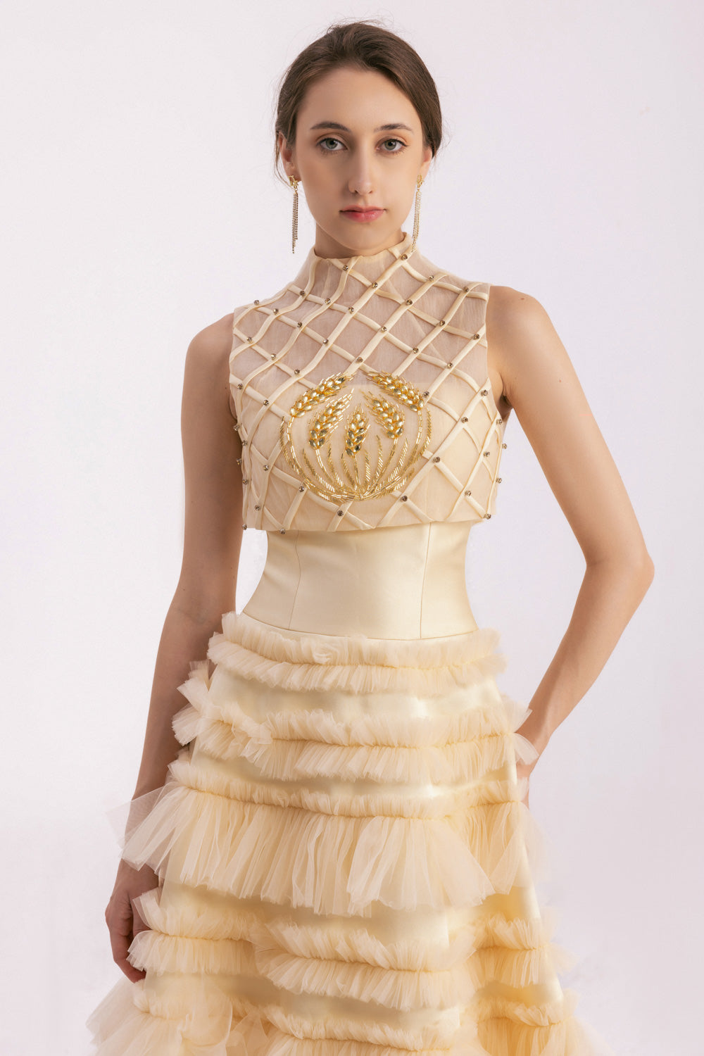 Hester Layered Sleeveless Mesh Silk Floor Length Dress