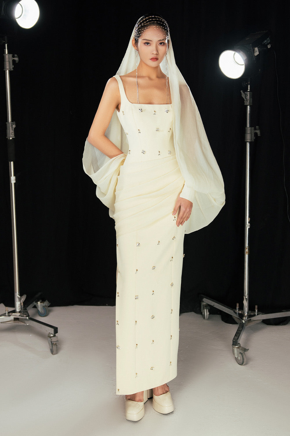 Sylvia Sheath Square Neck Twill Floor Length Dress