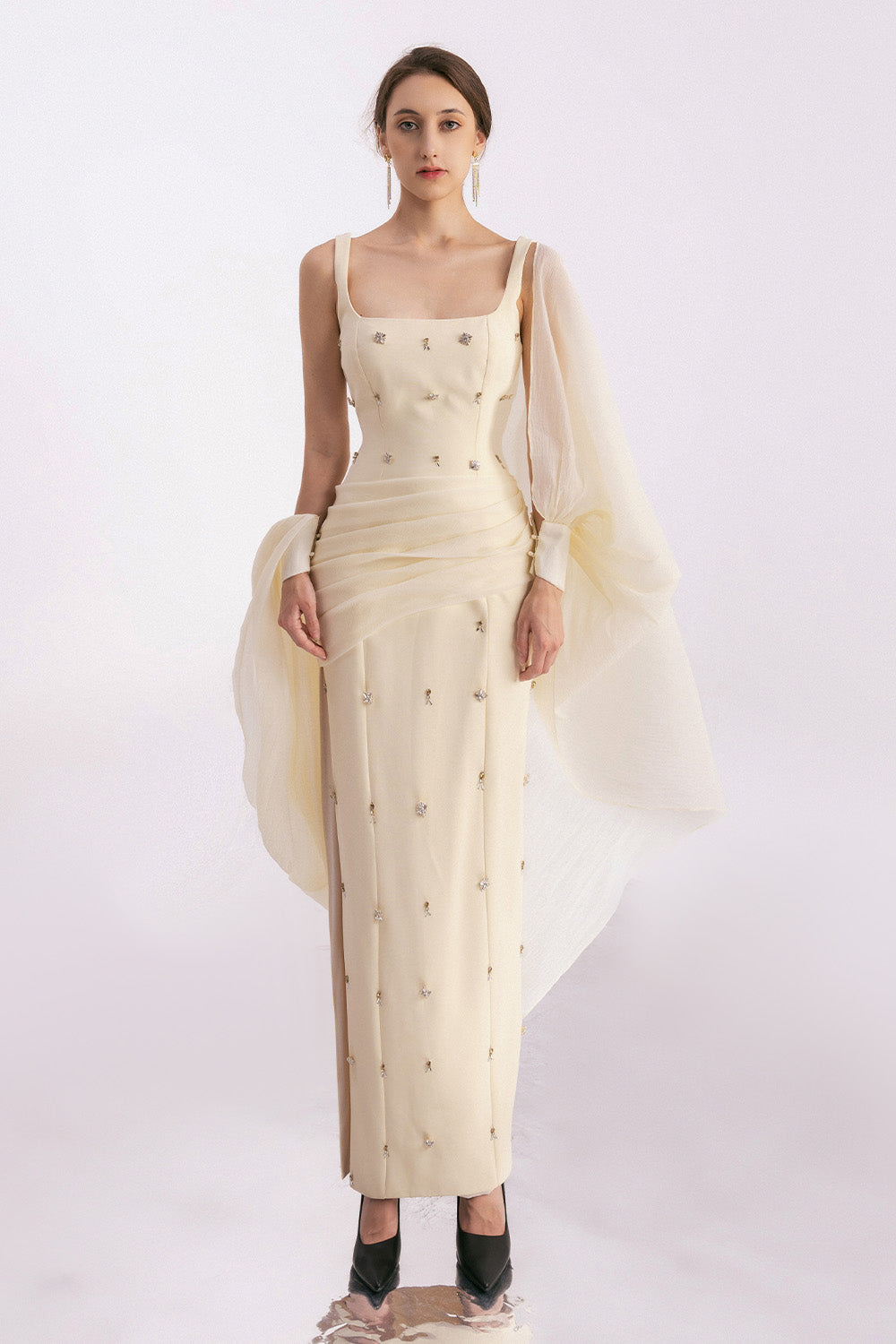 Sylvia Sheath Square Neck Twill Floor Length Dress