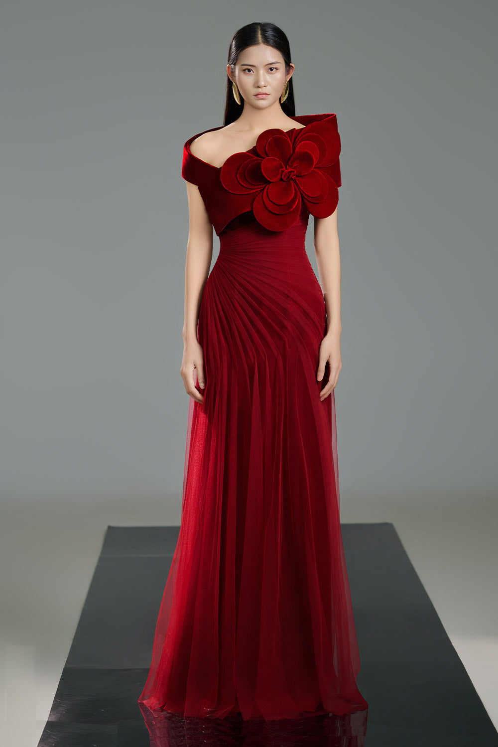 Lester A-line Side Pleated Polyester Floor Length Dress