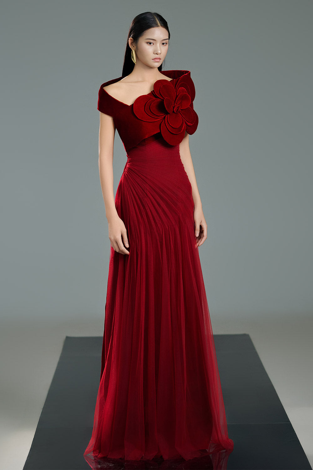 Lester A-line Side Pleated Polyester Floor Length Dress