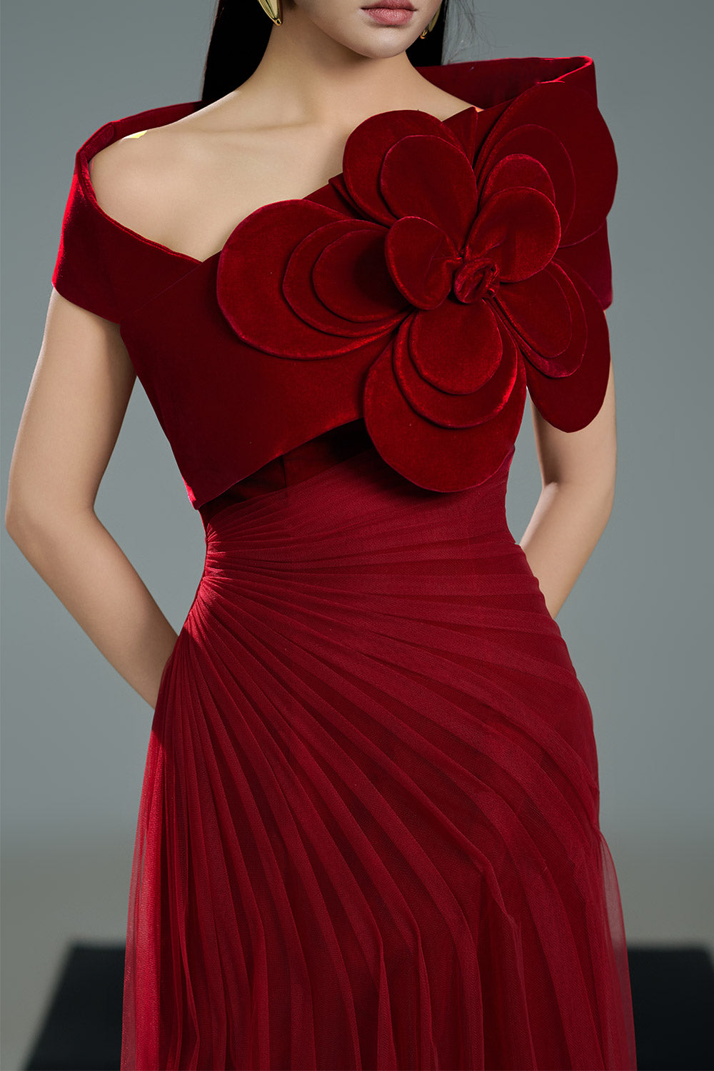 Lester A-line Side Pleated Polyester Floor Length Dress