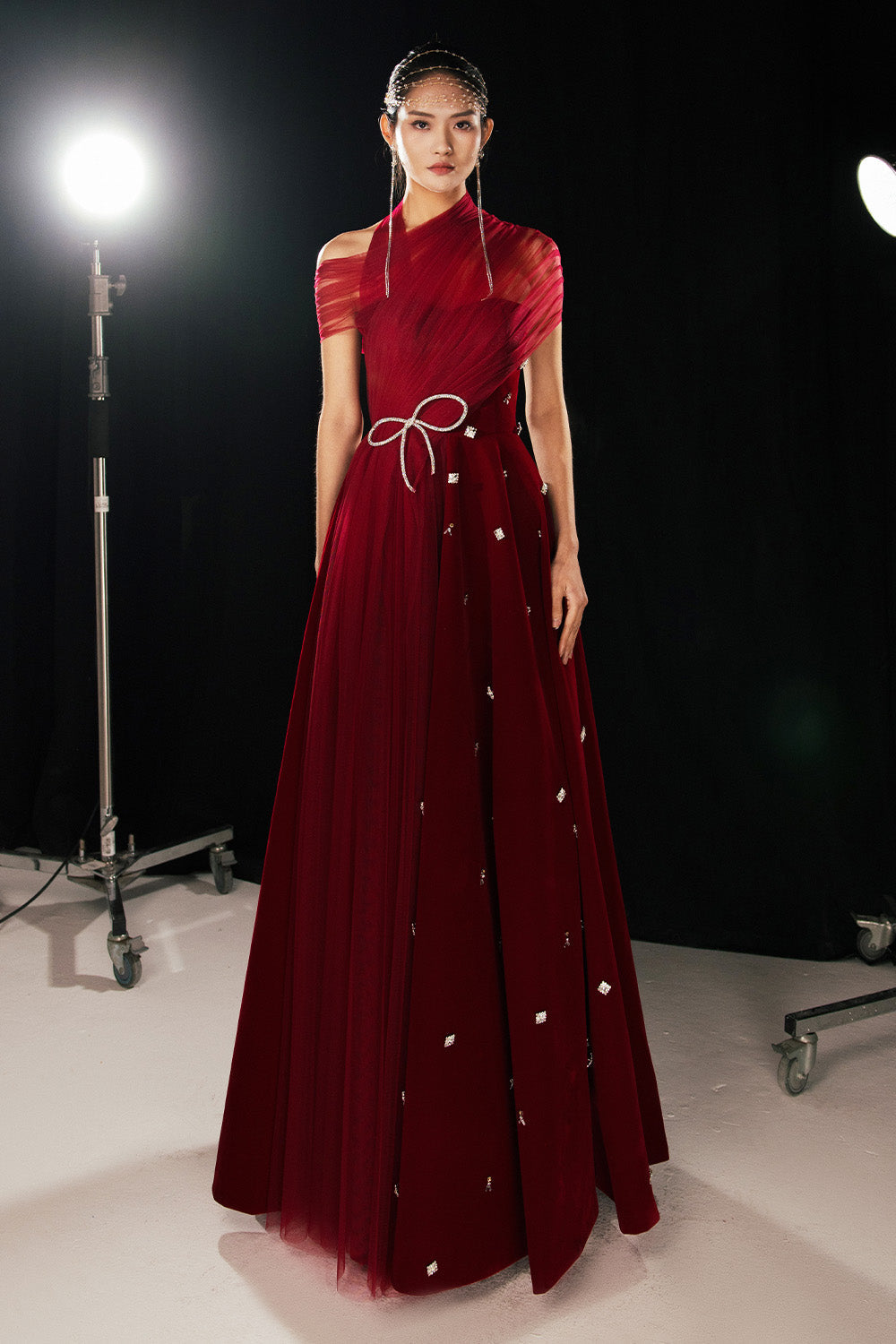 Duarte Fit and Flare Crossover Mesh Silk Floor Length Dress