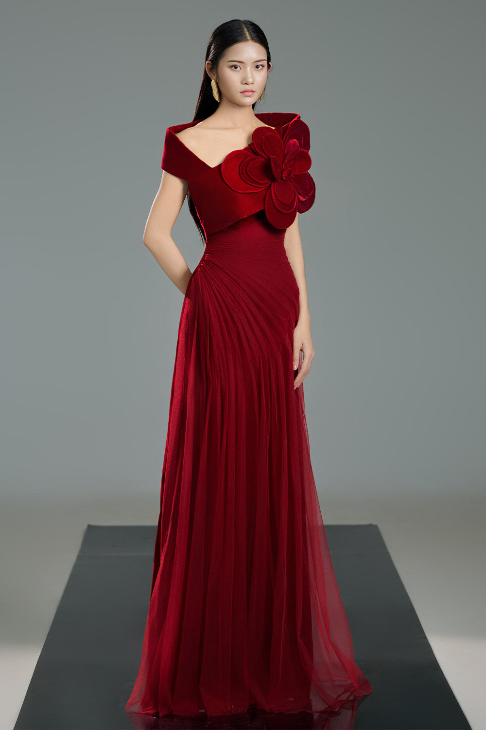 Lester A-line Side Pleated Polyester Floor Length Dress