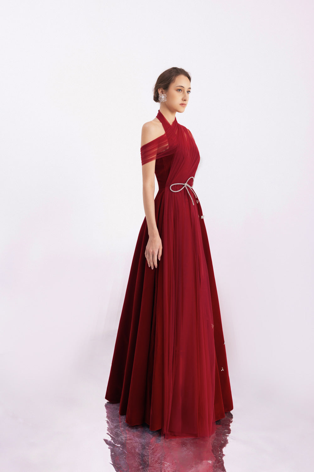 Duarte Fit and Flare Crossover Mesh Silk Floor Length Dress