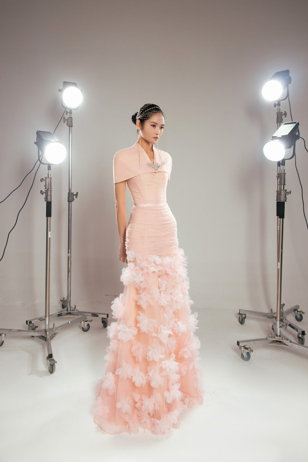 Olson Mermaid Cape Shoulder Organza Floor Length Dress