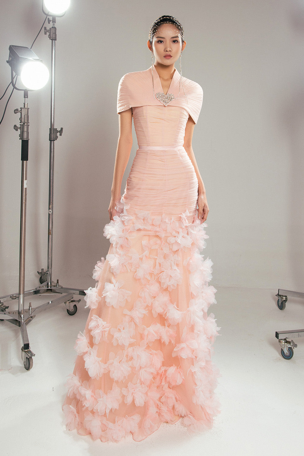 Olson Mermaid Cape Shoulder Organza Floor Length Dress