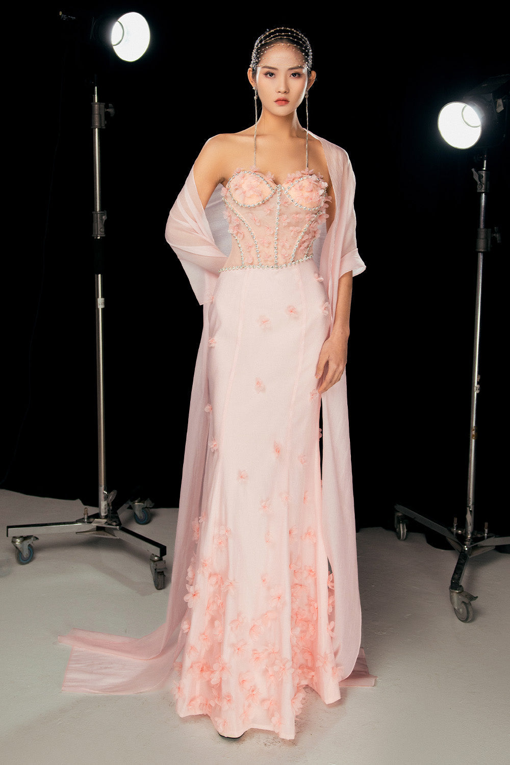 pink heart dress womens HEYFANCYSTYLE Women's Luxury Crystal Heart Maxi Dress for Special Occasions, Pink / 2XL