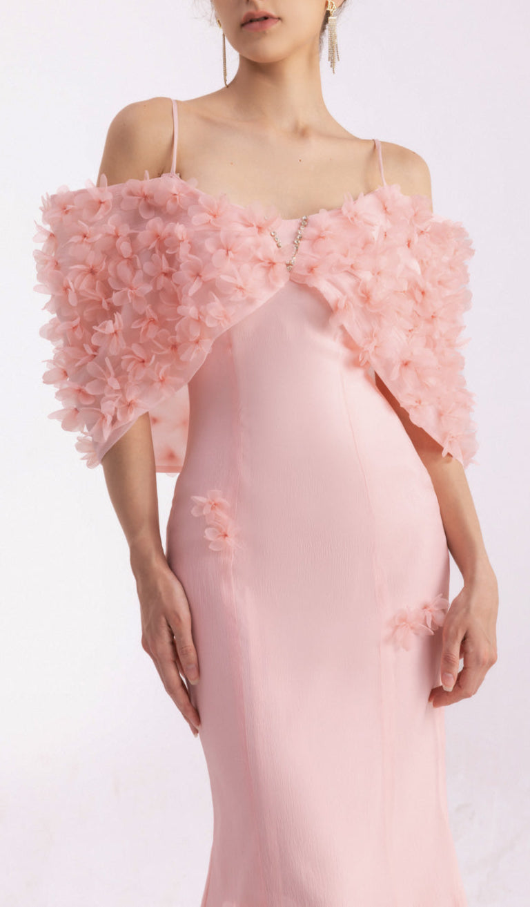 Tanner Trumpet Cold Shoulder Sleeved Silk Organza Floor Length Dress