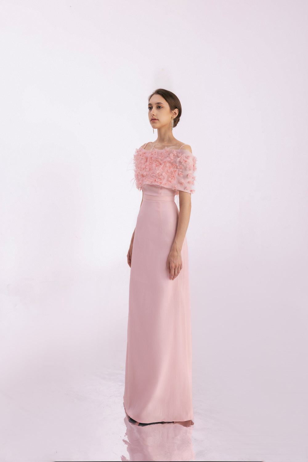 Kamila A-line Flower Applique Mesh Taffeta Floor Length Dress