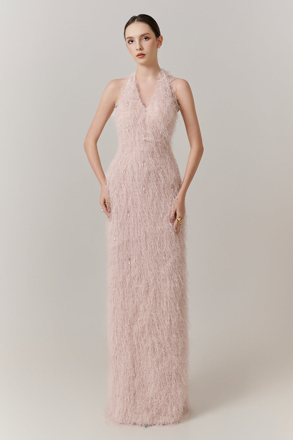 Celeste Halter Feather Maxi Dress -