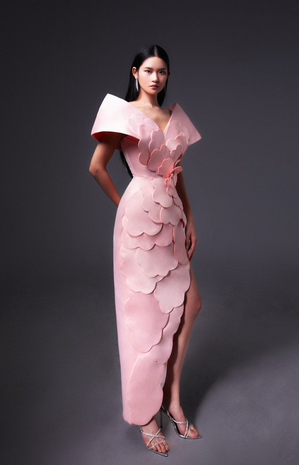 Glenn Slit Flower Applique Polyester Maxi Dress