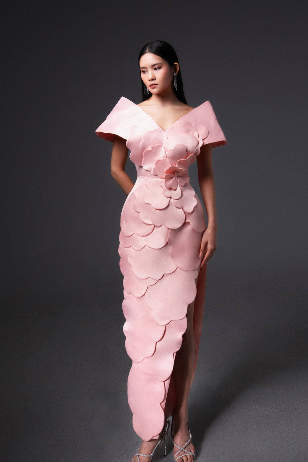 Glenn Slit Flower Applique Polyester Maxi Dress