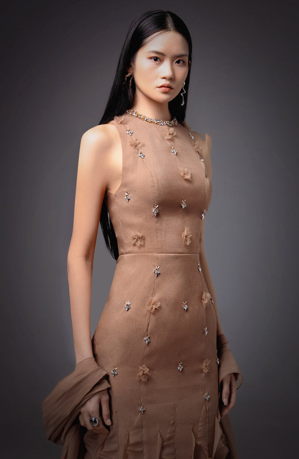 Potter Mermaid Jewel Neck Organza Floor Length Dress