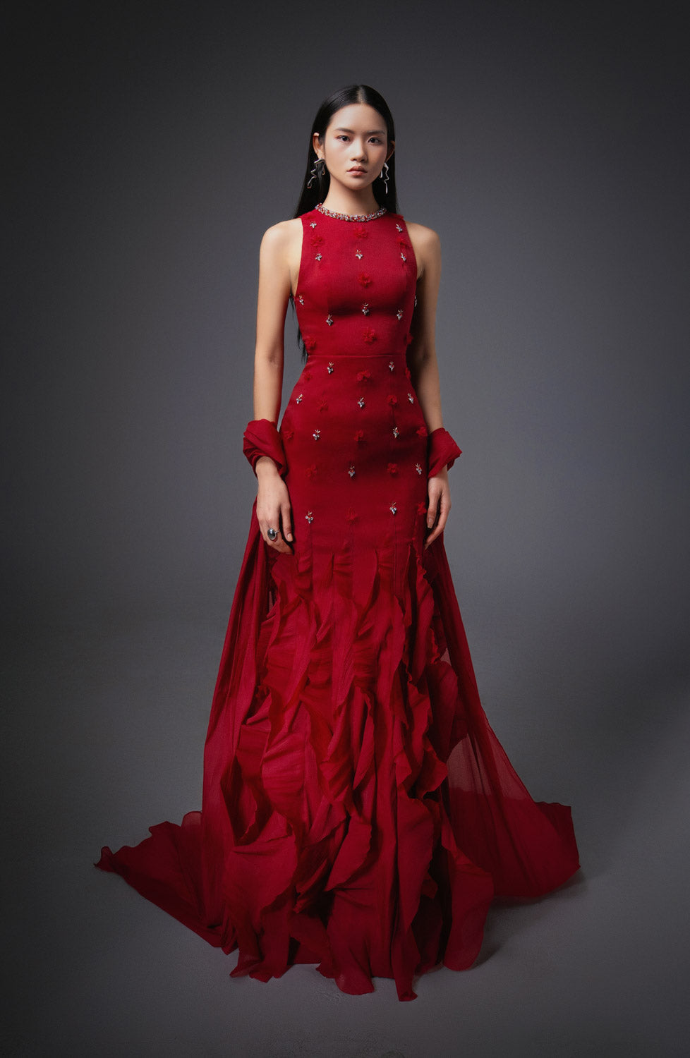 Potter Mermaid Jewel Neck Organza Floor Length Dress