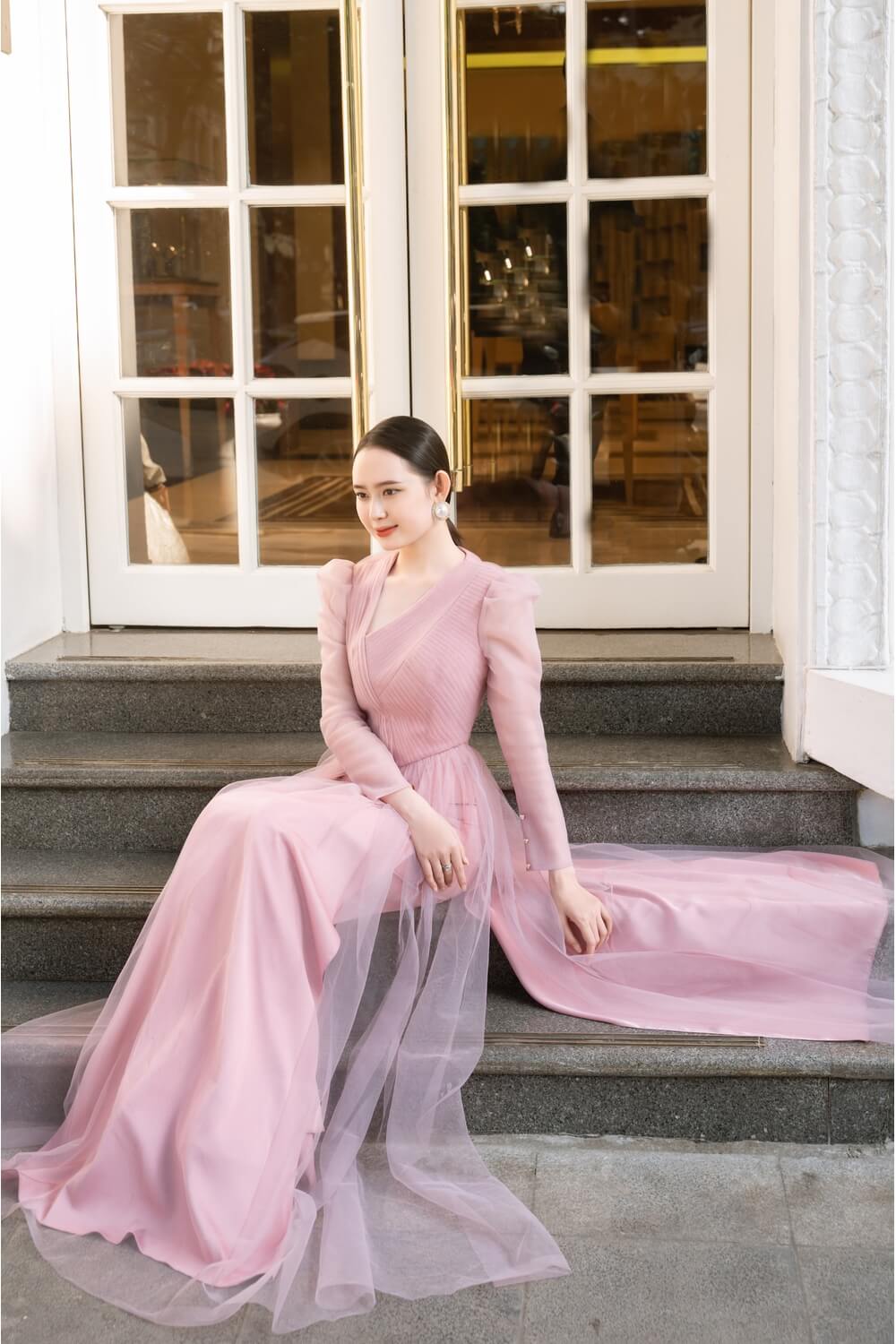 Maeve Fitted Flower Applique Mesh Sheer Long Length Ao Dai