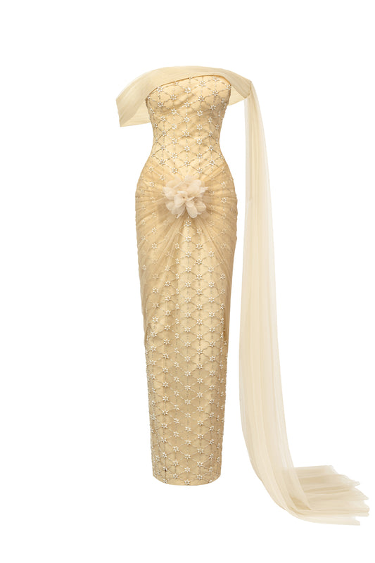 Bridget Pegged Off-Shoulder Polyester Maxi Dress