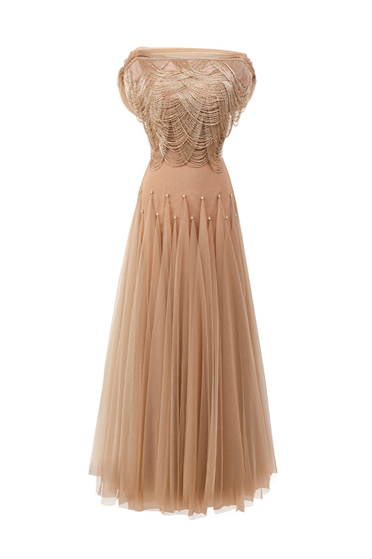 Alondra Gored Boat Neck Mesh Maxi Dress