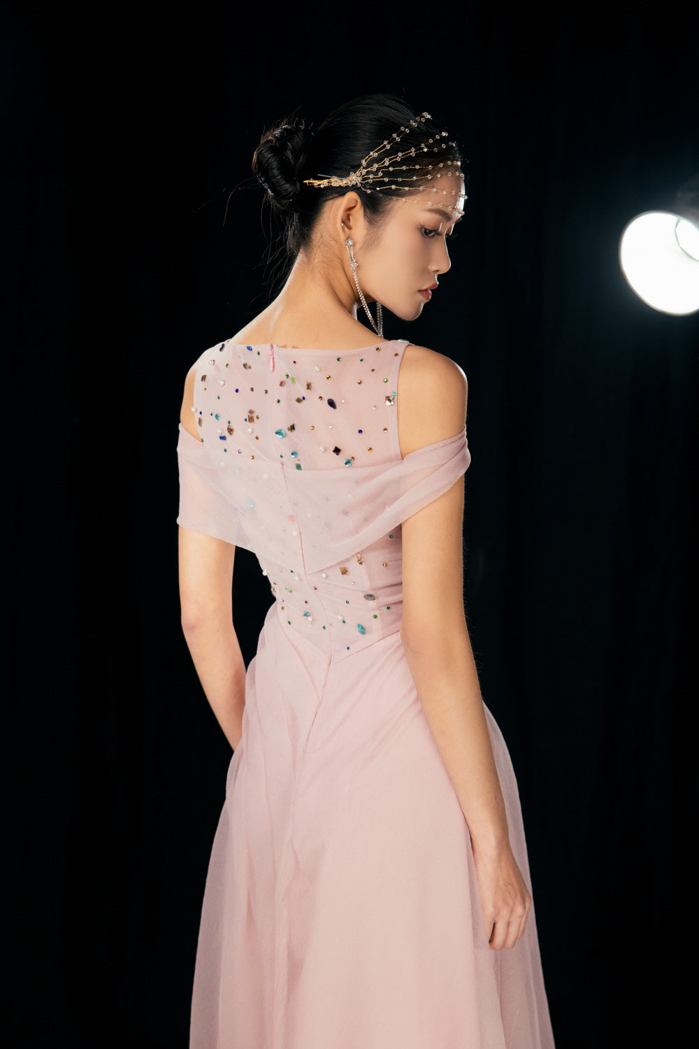 Kyleigh Layered Side Slit Mesh Silk Floor Length Dress