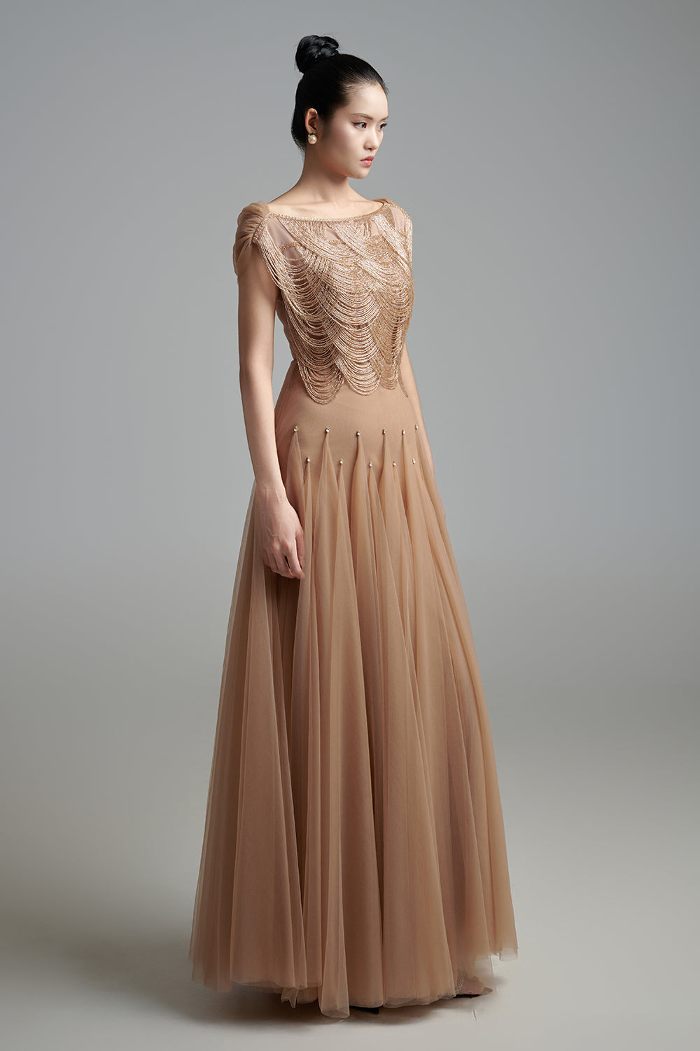 Alondra Gored Boat Neck Mesh Maxi Dress