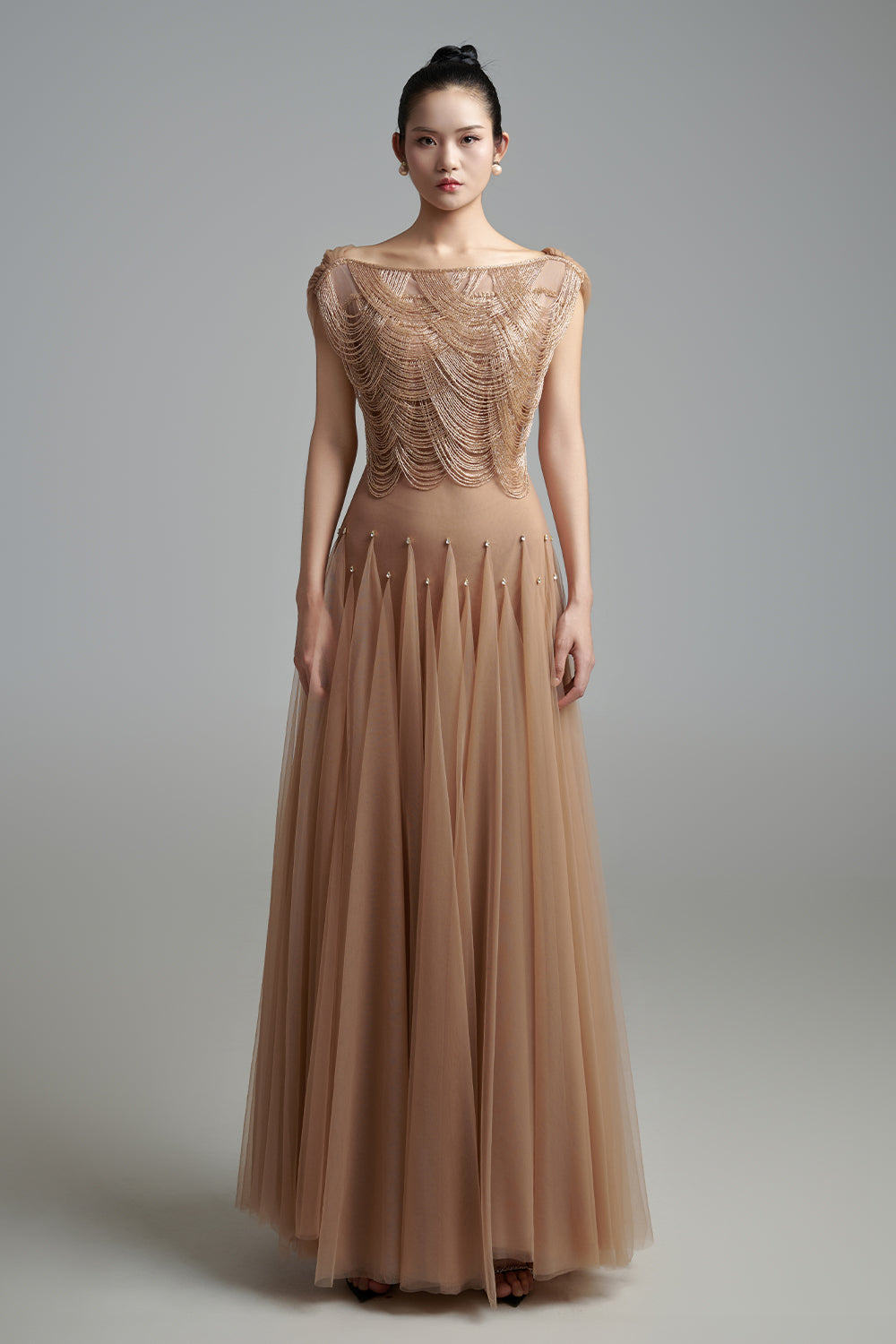 Alondra Gored Boat Neck Mesh Maxi Dress