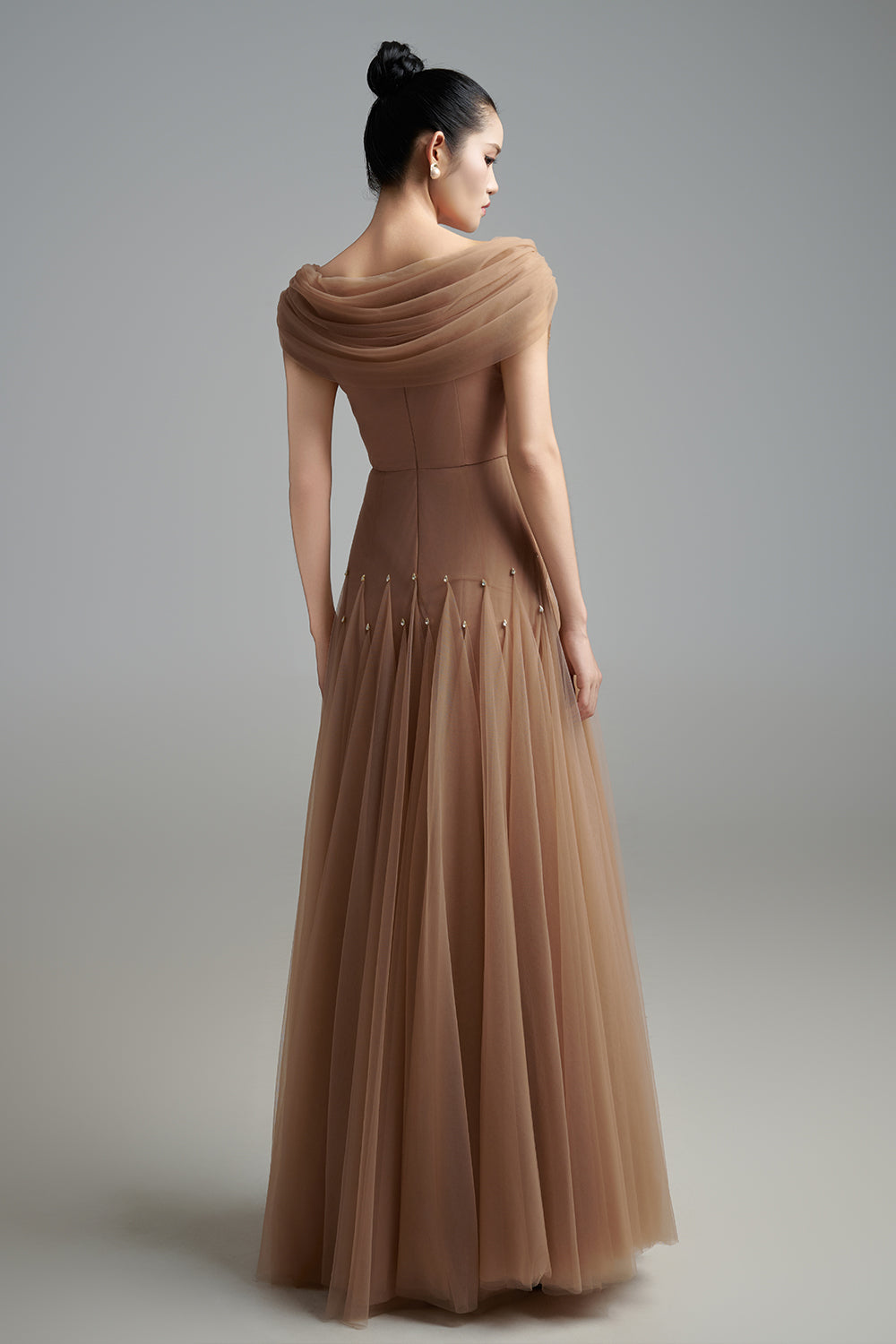 Alondra Gored Boat Neck Mesh Maxi Dress