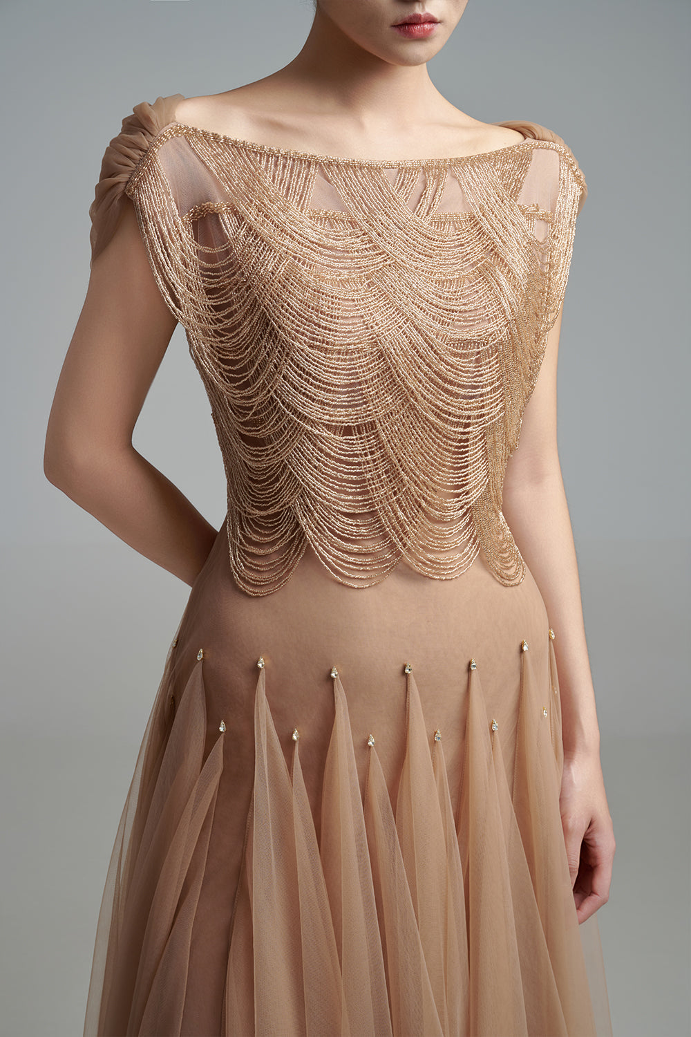 Alondra Gored Boat Neck Mesh Maxi Dress