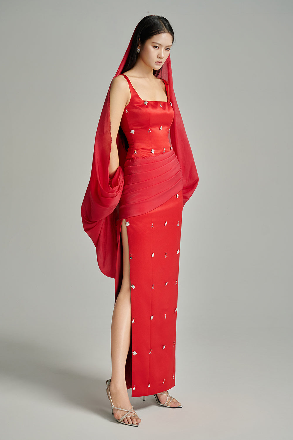 Sylvia Sheath Square Neck Twill Floor Length Dress