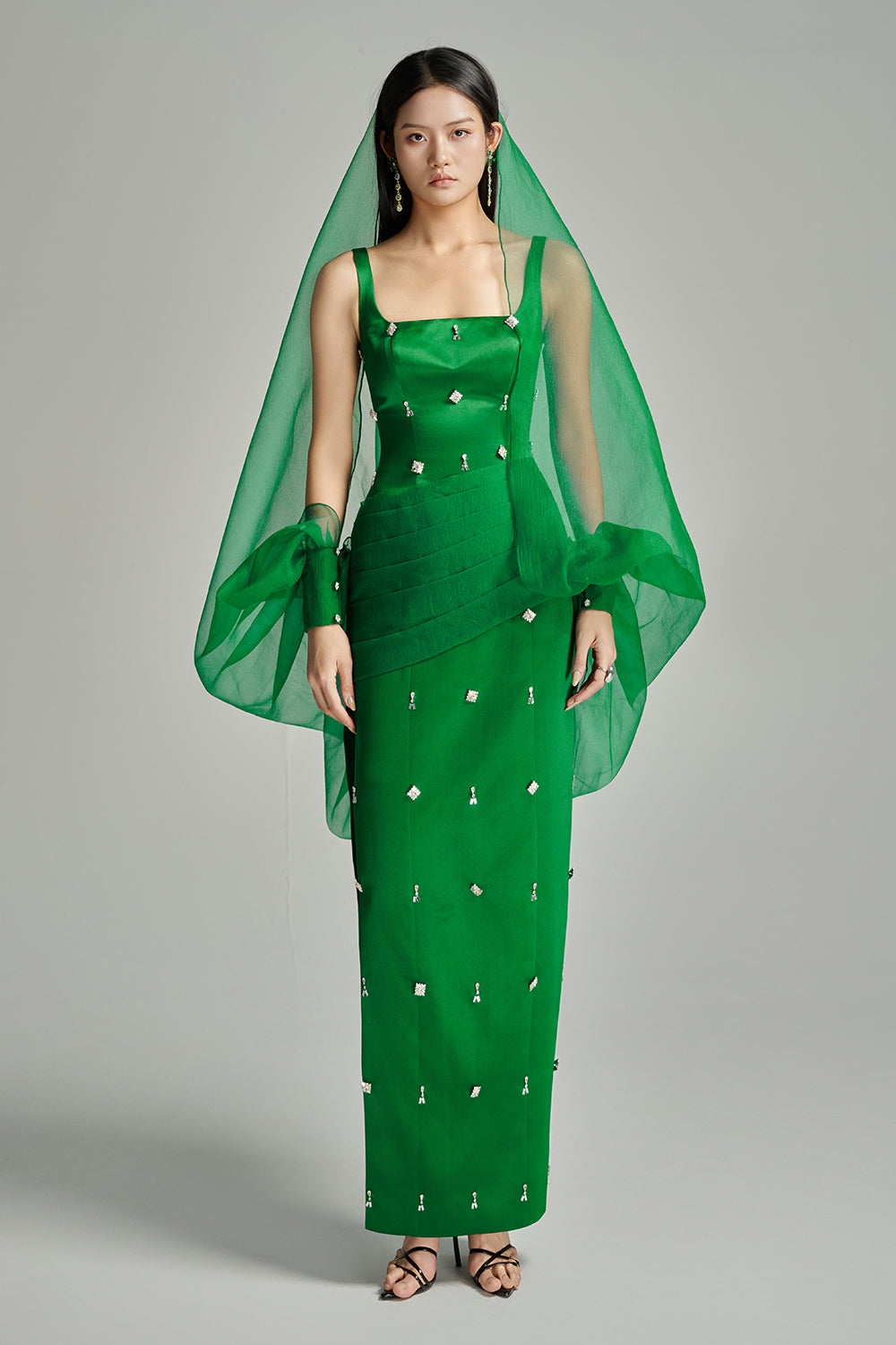 Sylvia Sheath Square Neck Twill Floor Length Dress