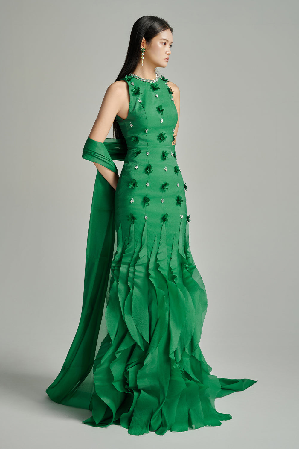 Potter Mermaid Jewel Neck Organza Floor Length Dress