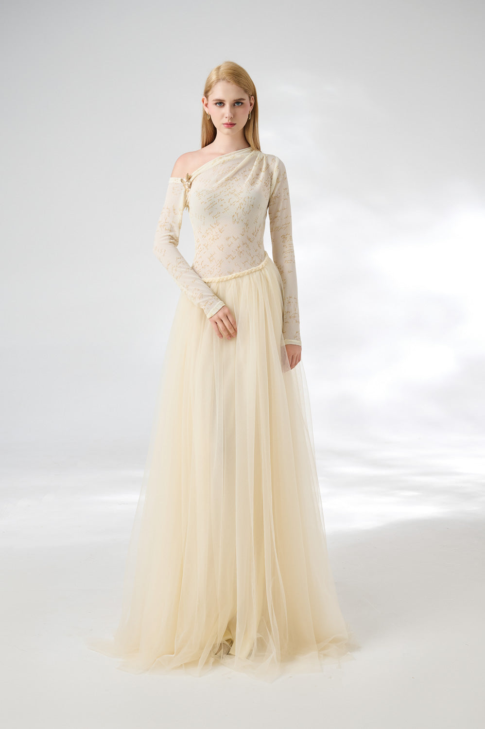 Huffman Gathered Asymmetric Sleeved Cotton Mesh Floor Length Dress