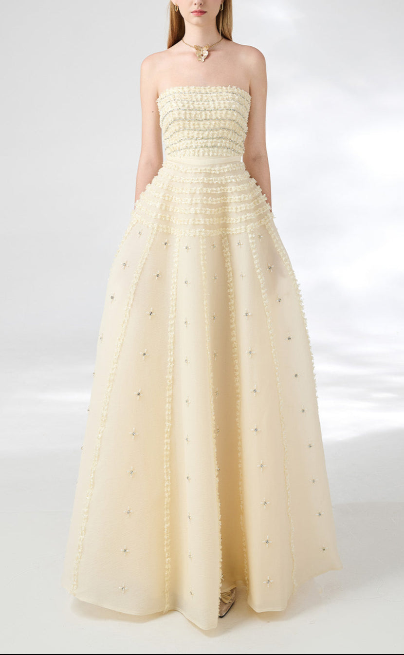Cline Strapless Stone Organza Floor Length Dress