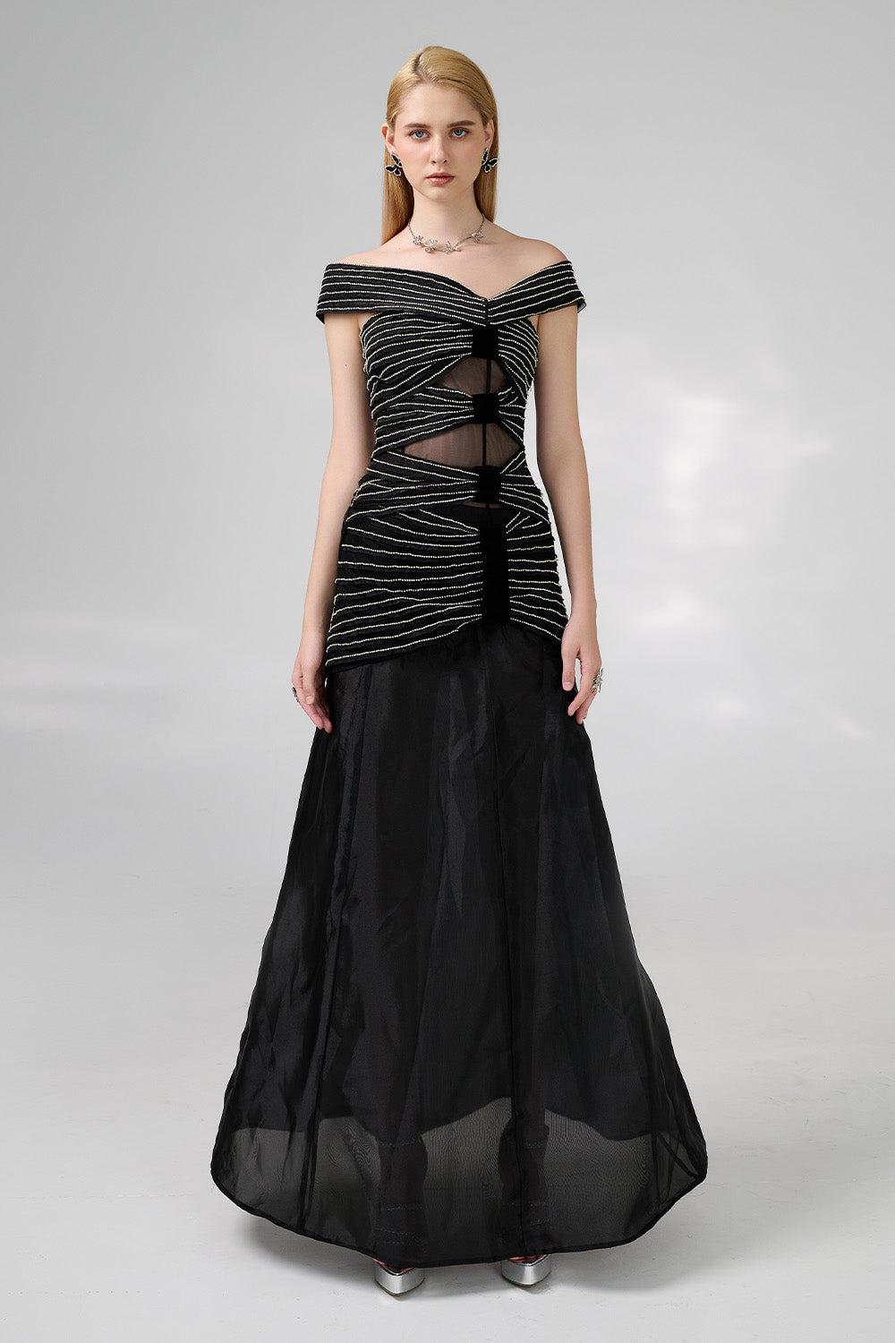 Hodges Drop Waist Off-Shoulder Organza Floor Length Dress