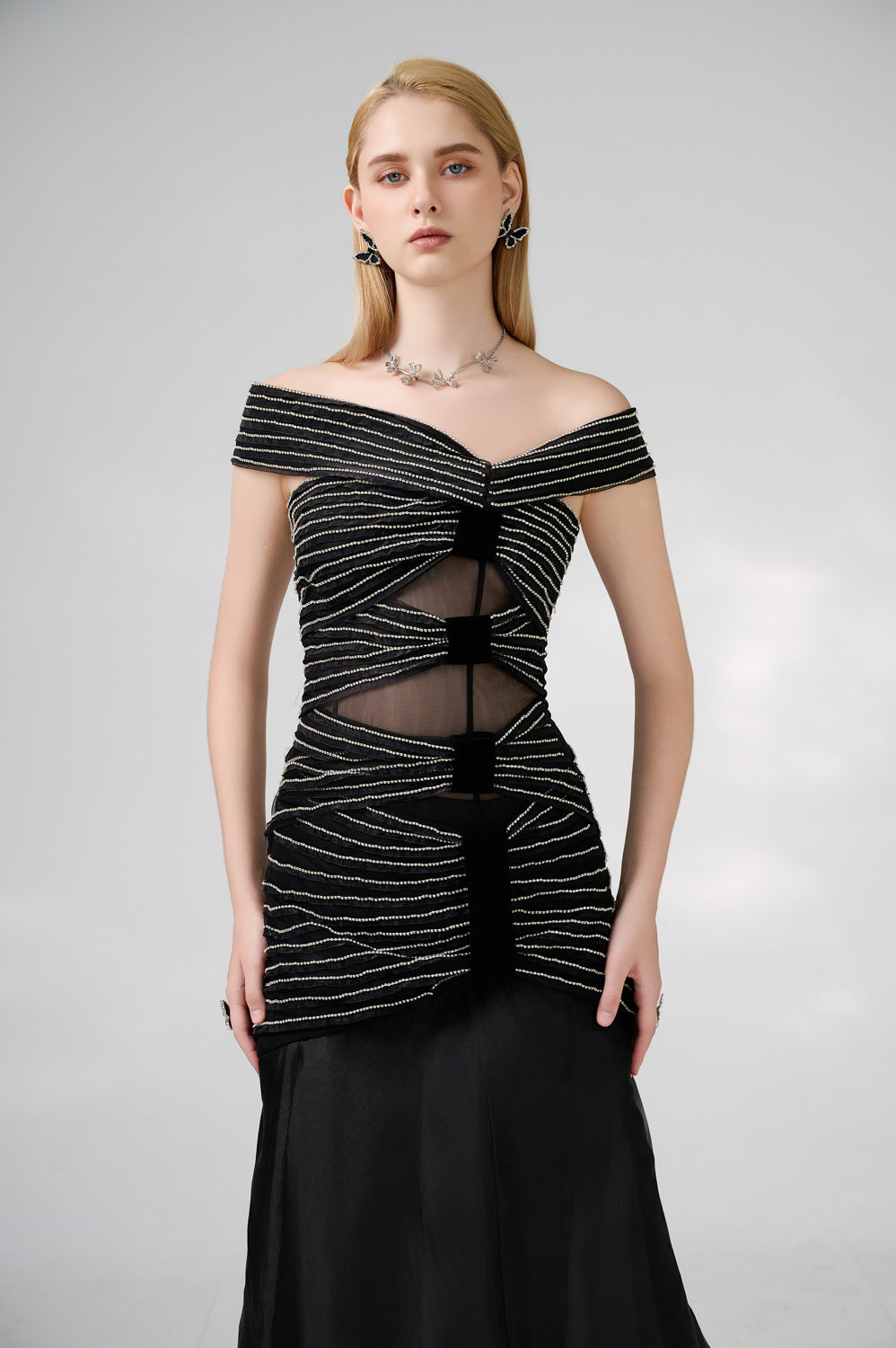Hodges Drop Waist Off-Shoulder Organza Floor Length Dress