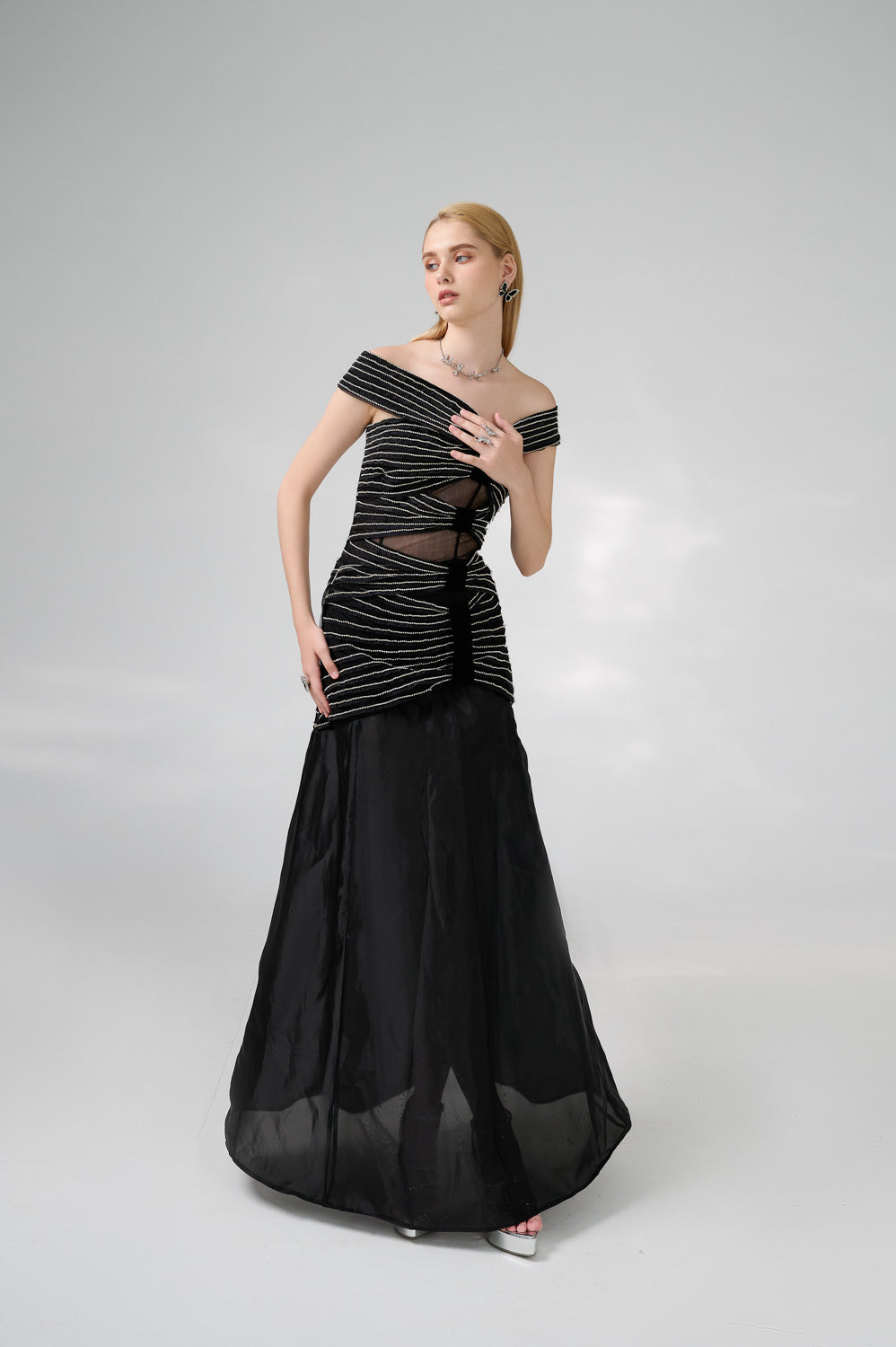 Hodges Drop Waist Off-Shoulder Organza Floor Length Dress