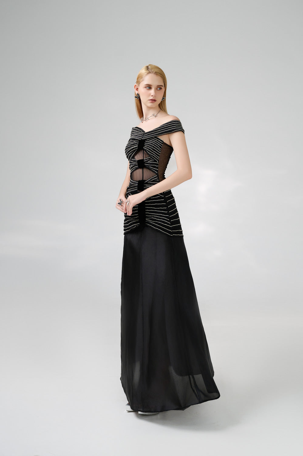 Hodges Drop Waist Off-Shoulder Organza Floor Length Dress