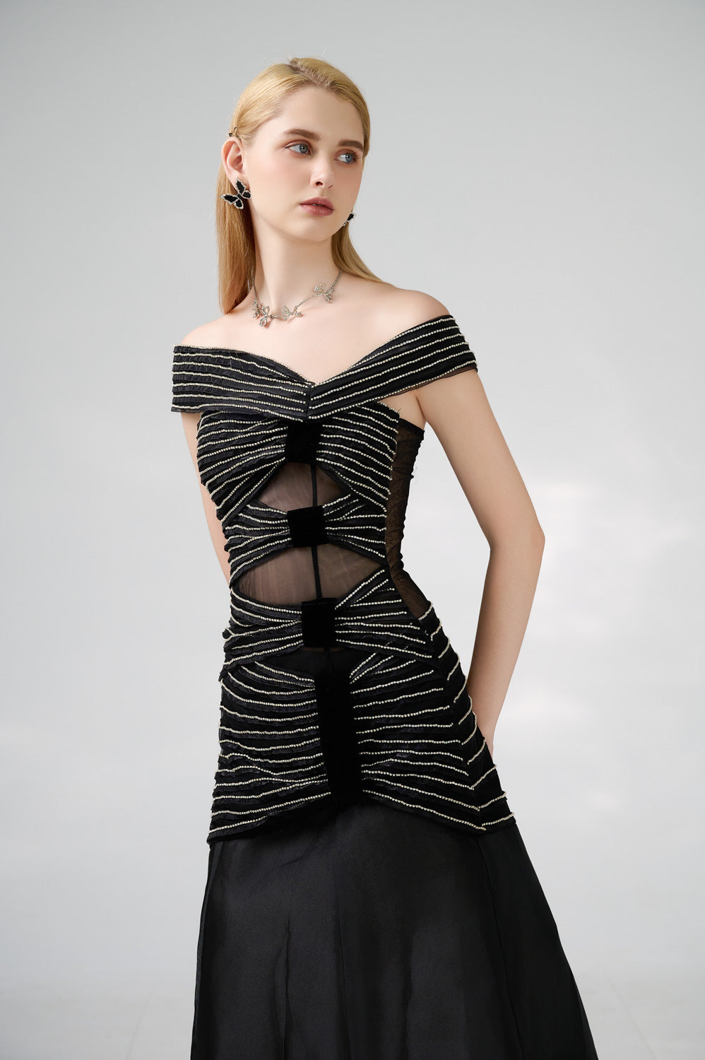 Hodges Drop Waist Off-Shoulder Organza Floor Length Dress