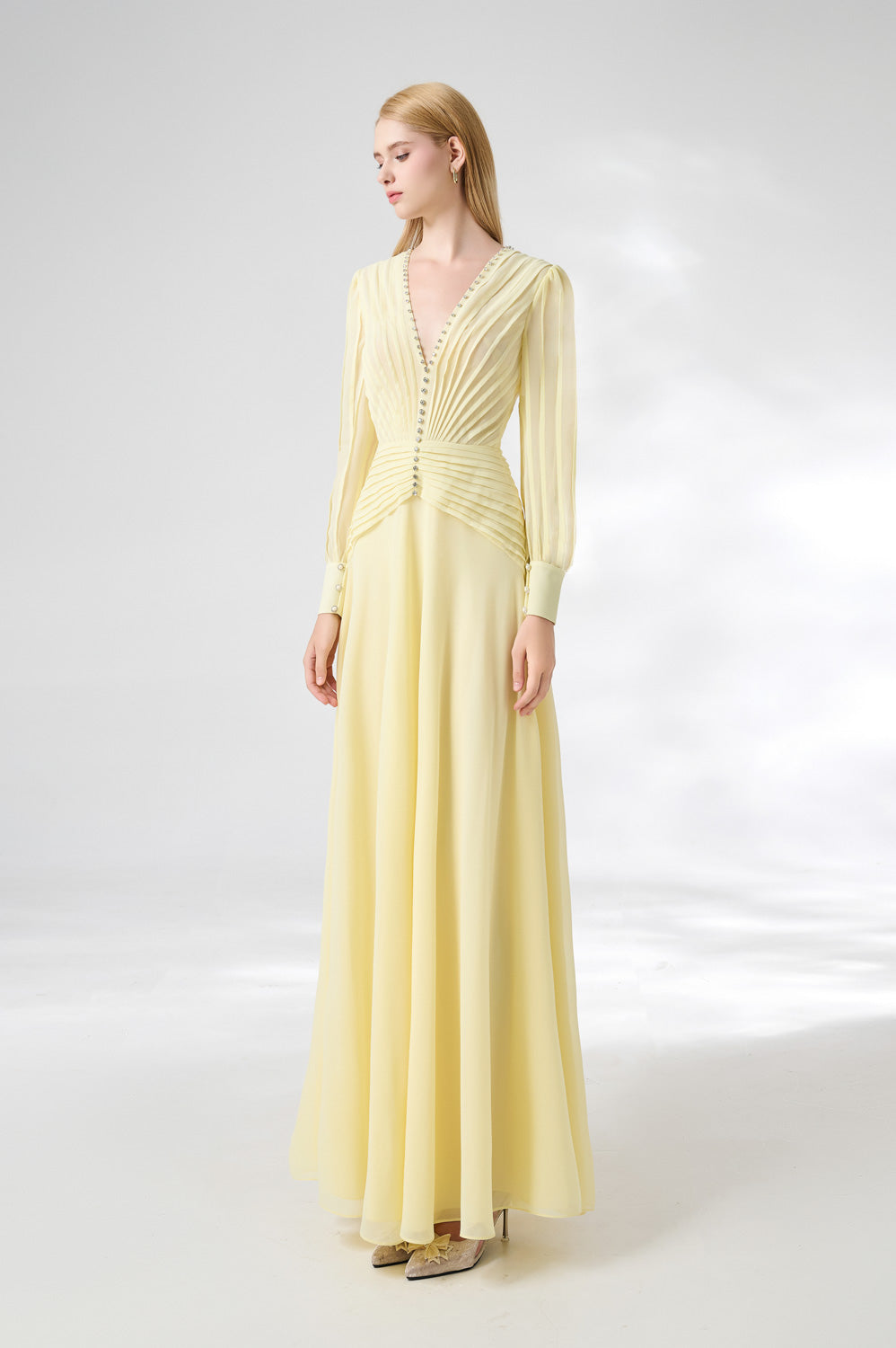 Khalil A-line Cuff Sleeved Chiffon Floor Length Dress