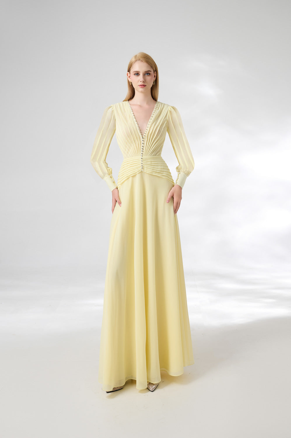Khalil A-line Cuff Sleeved Chiffon Floor Length Dress