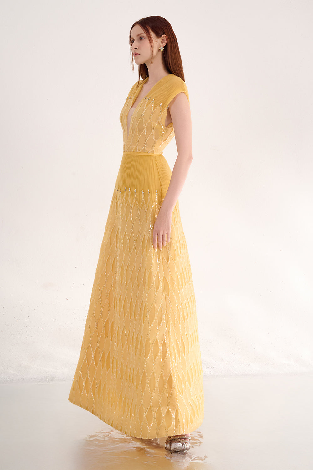 Rylee A-line Plunge Neck Polyester Maxi Dress