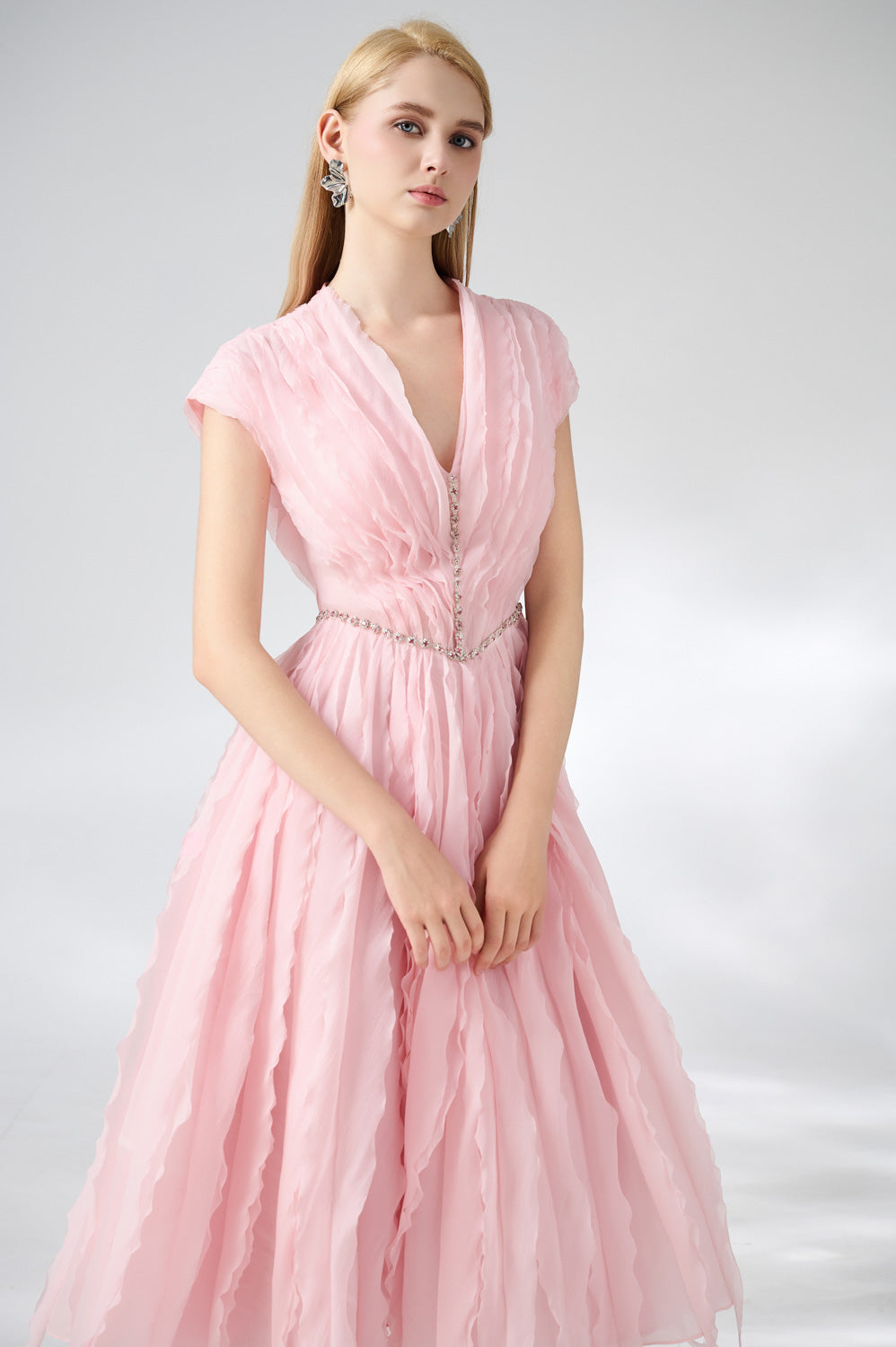 Calhoun Fit and Flare V-Neck Organza Midi Dress